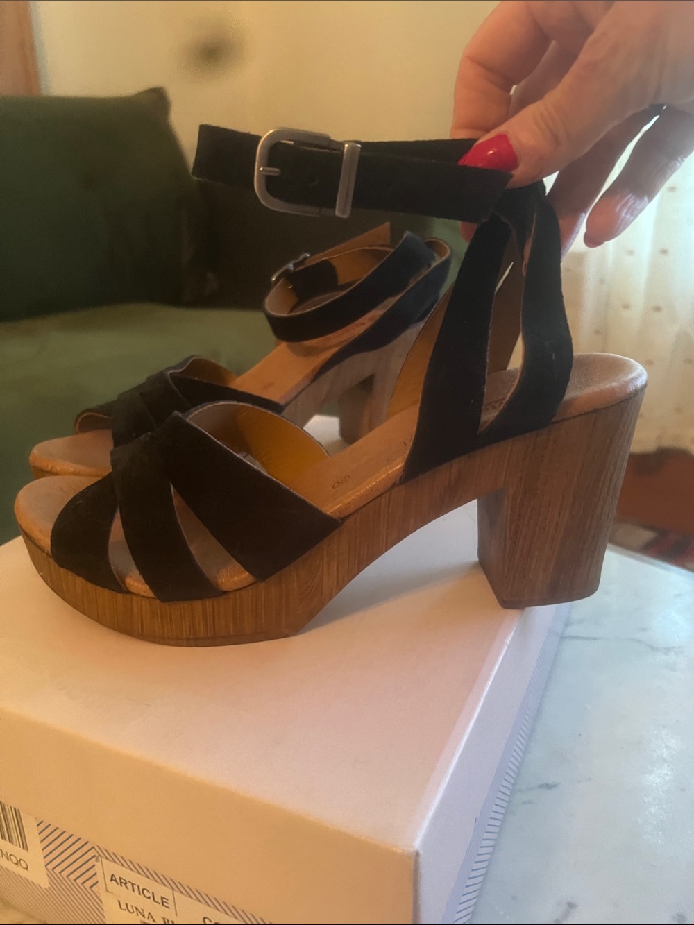 Eric Michael "Luna" Black Suede Platform Sandals Wood Size 38  NEW NWT